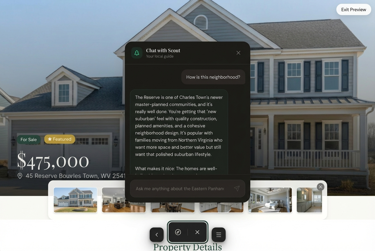 Scout AI chat interface showing hyperlocal real estate assistance